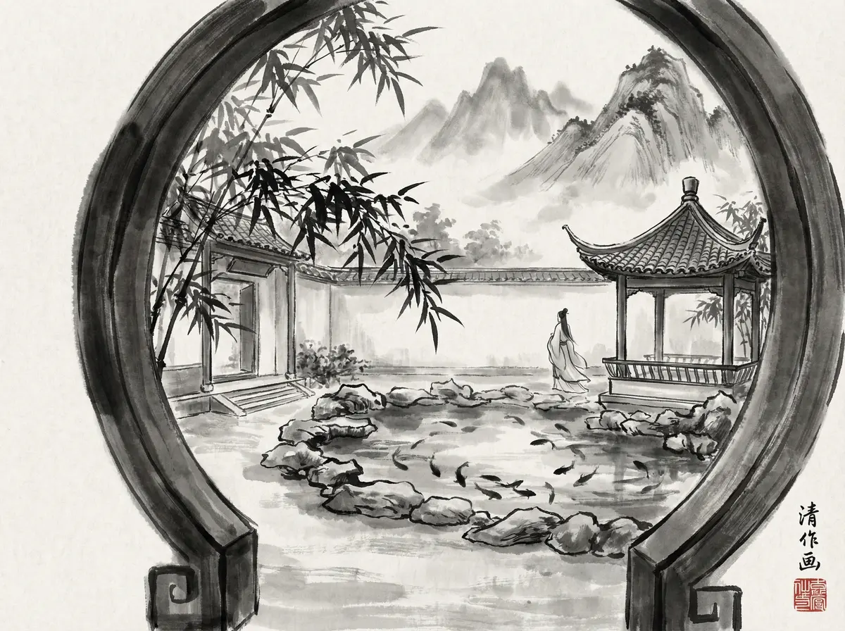 ag百家乐水墨风格中式园林酒店庭院全景