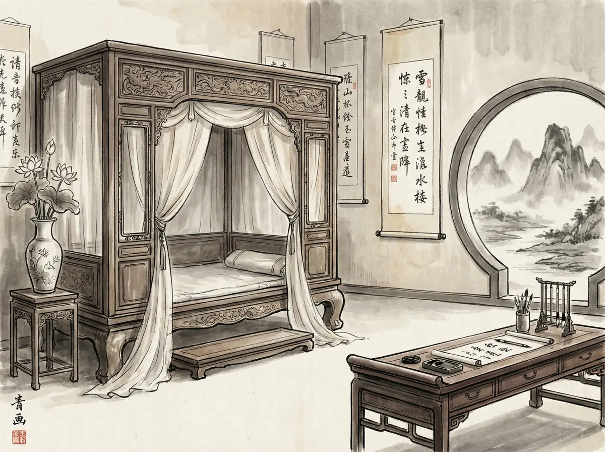 ag百家乐水墨主题豪华客房内景展示红木家具与书法挂轴