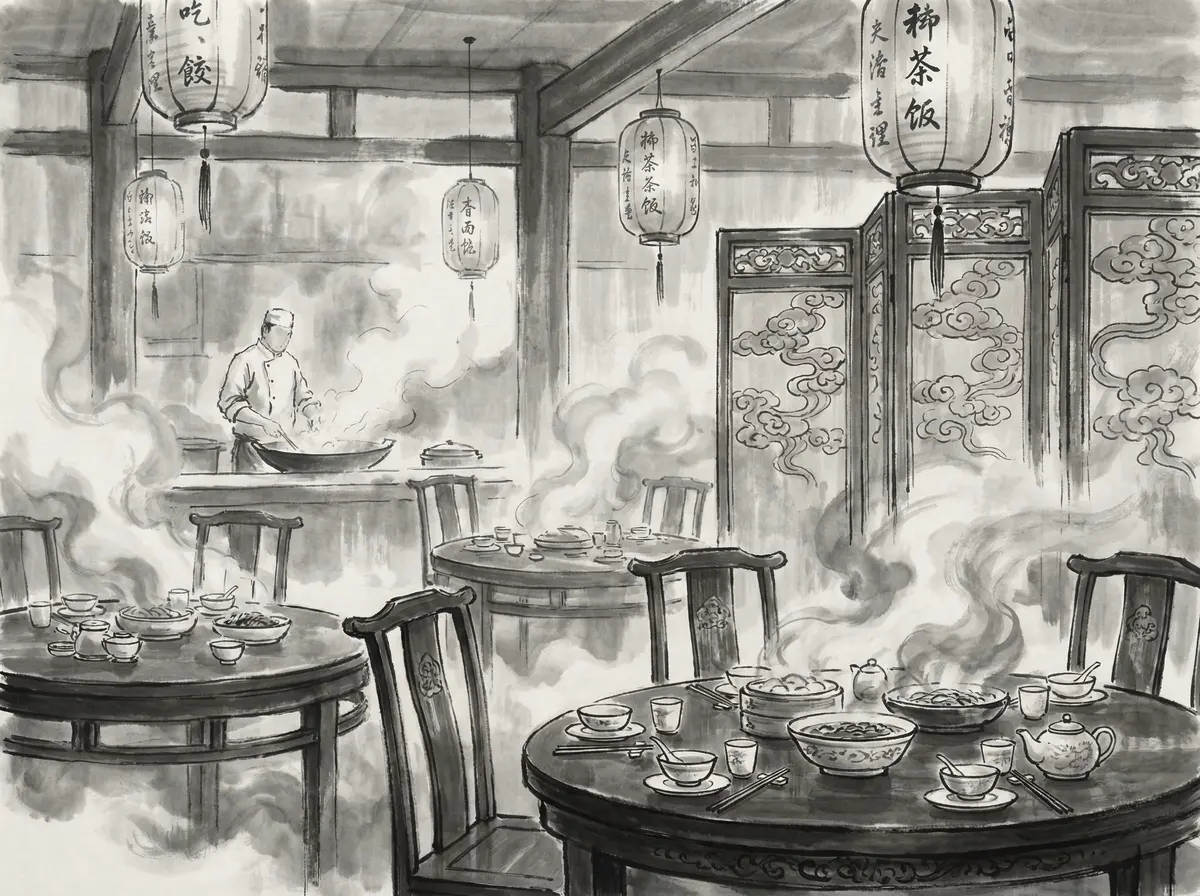 ag百家乐墨香食府水墨风格中餐厅内景展示传统瓷器餐具与雕花屏风