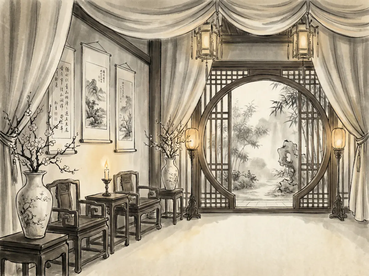 ag百家乐丝绸帷幔园林景观客房展示月洞门与竹林景致