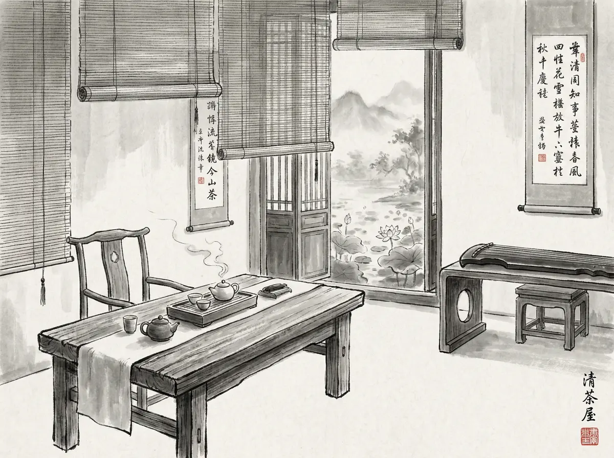 ag百家乐听雨轩茶室水墨画风格展示功夫茶具与古琴