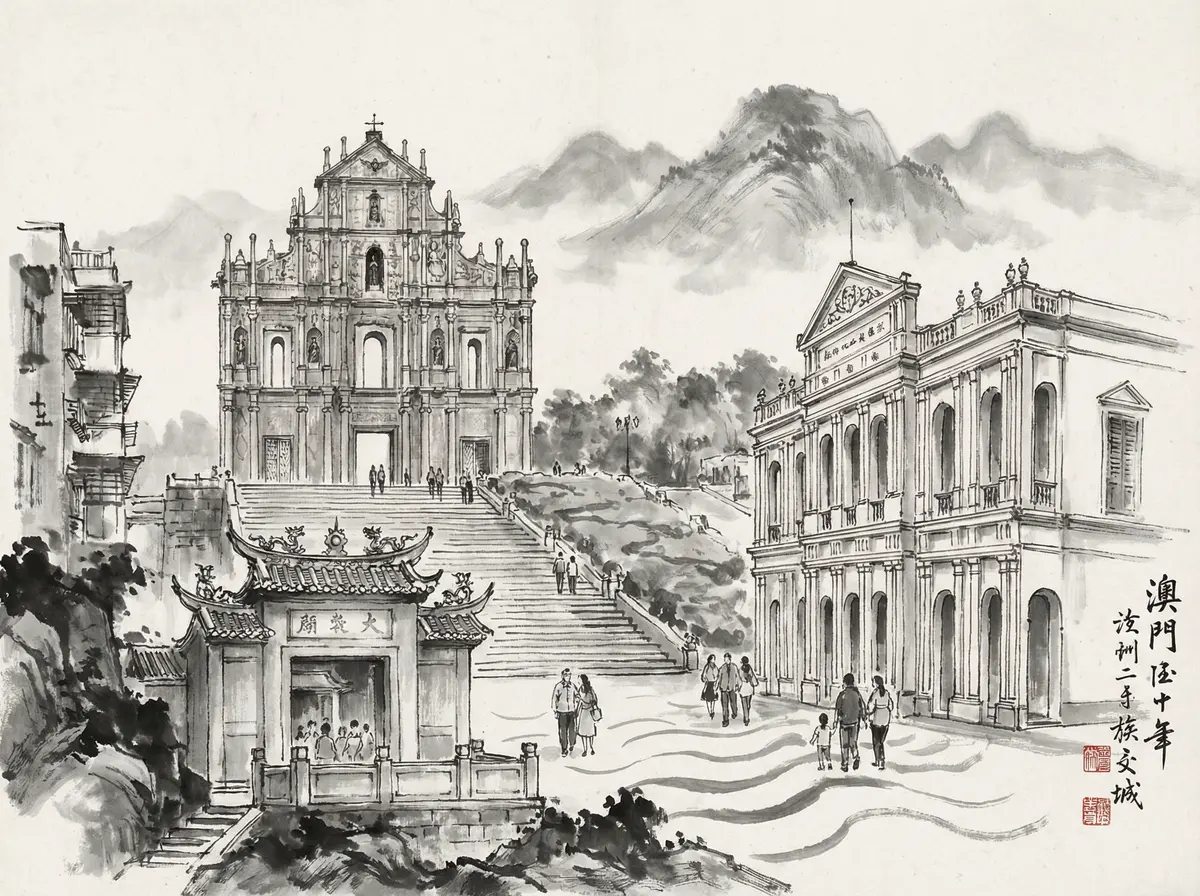 ag百家乐推荐澳门大三巴牌坊水墨画风格旅游景点